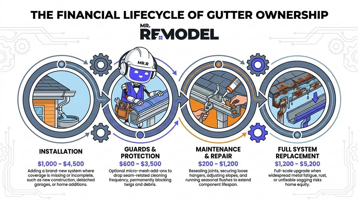 A 2026 home drainage timeline infographic charting the complete financial lifecycle of gutters: Installation ($1k-$4.5k), Guards ($600-$3.5k), Repairs ($200-$1.2k), and Replacement ($1.2k-$5.2k).